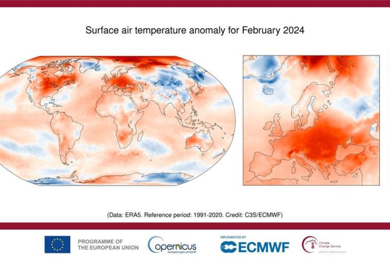 Febrero fue el mes más cálido a nivel mundial desde que existen registros, informó hoy el Servicio de Cambio Climático (C3S) de Copernicus, el componente de vigilancia del clima del programa espacial europeo. Fotografía Copernicus. EFE