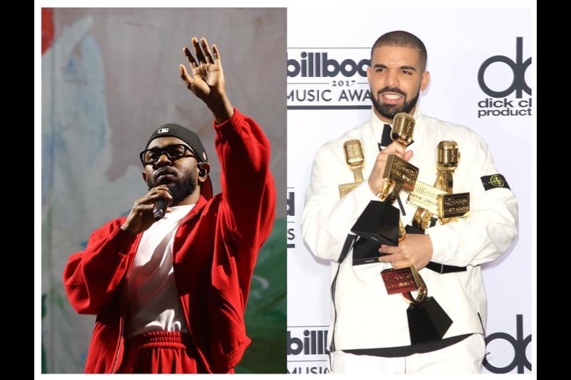 Combo de fotografías de archivo que muestra al músico estadounidense Kendrick Lamar (i) y al rapero canadiense Drake. EFE/ Archivo