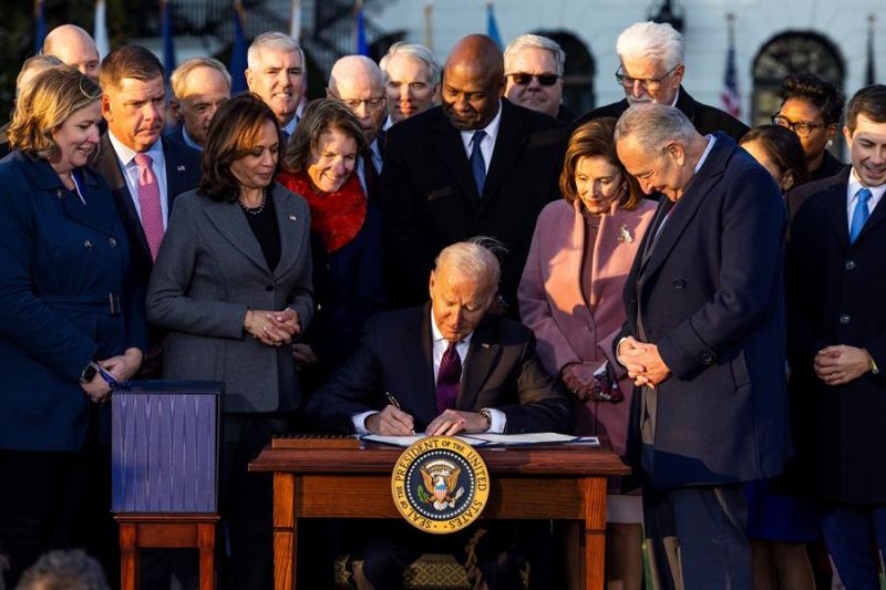 El presidente de Estados Unidos, Joe Biden (c), firma el plan de infraestructuras por valor de 1,2 billones de dólares, en la Casa Blanca en Washington (EE.UU.), este 15 de noviembre de 2021.