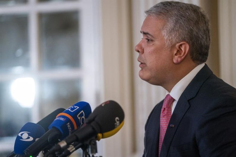 El presidente de Colombia, Iván Duque, fue registrado este jueves, durante una rueda de prensa, luego de la reunión que sostuvo con su homólogo estadounidense, Joe Biden, en Washington DC (EE.UU.). EFE/Shawn Thew