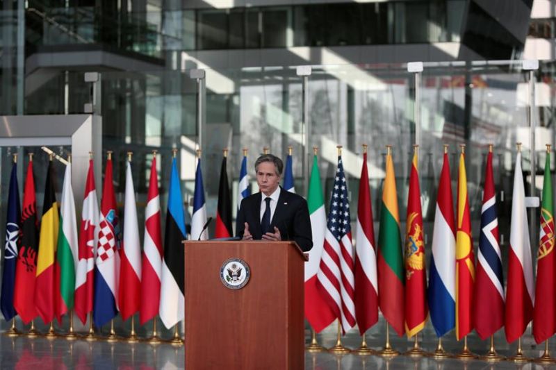 El Secretario de Estado de Estados Unidos, Antony Blinken, habla durante una rueda de prensa al final de una reunión de Ministros de Relaciones Exteriores de la OTAN en la sede de la Alianza en Bruselas, Bélgica, el 24 de marzo de 2021.