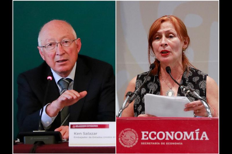Combo de fotografías de archivo que muestra al embajador de Estados Unidos en México, Ken Salazar (i), y a la secretaria de Economía de México, Tatiana Clouthier, durante diferentes actos en la Ciudad de México (México).