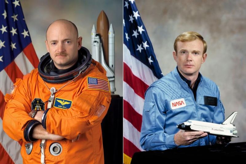 Composición de fotografías cedidas por la NASA donde aparece el senador por Arizona Mark Kelly (i) y el mayor general retirado de la Fuerza Aérea de EE.UU. Roy Bridges (d), ambos pilotos de los transbordadores espaciales de la NASA. EFE/NASA