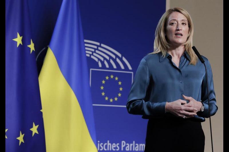 La presidenta del Parlamento Europeo, Roberta Metsola, en una comparecencia en Bruselas el pasado 28 de abril. 