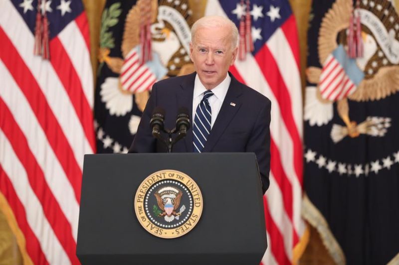 El presidente de EE.UU., Joe Biden, habla durante la primera rueda de prensa de su mandato, este jueves 25 de marzo de 2021.