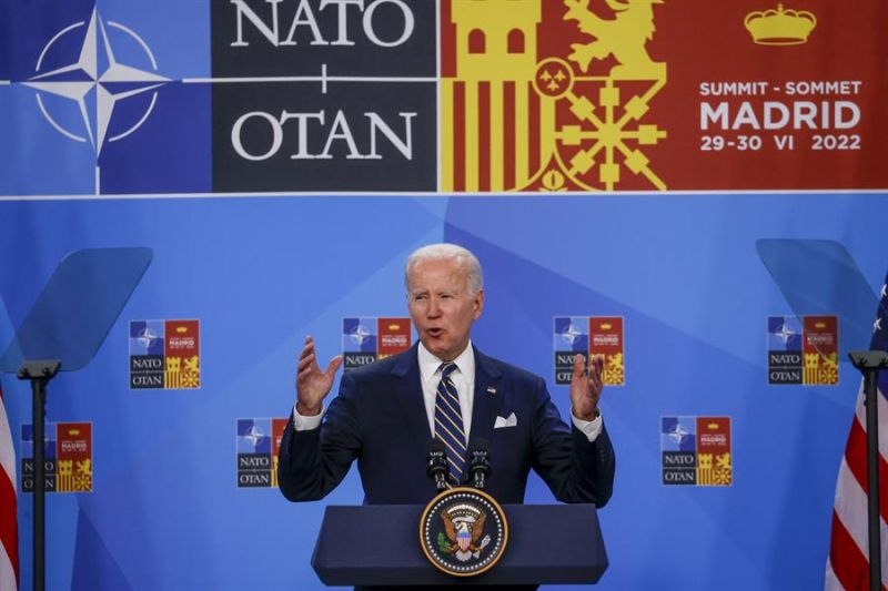 El presidente de los Estados Unidos, Joe Biden, durante la rueda de prensa ofrecida en la segunda jornada de la cumbre de la OTAN ayer jueves en el recinto de Ifema, en Madrid. 01 010722