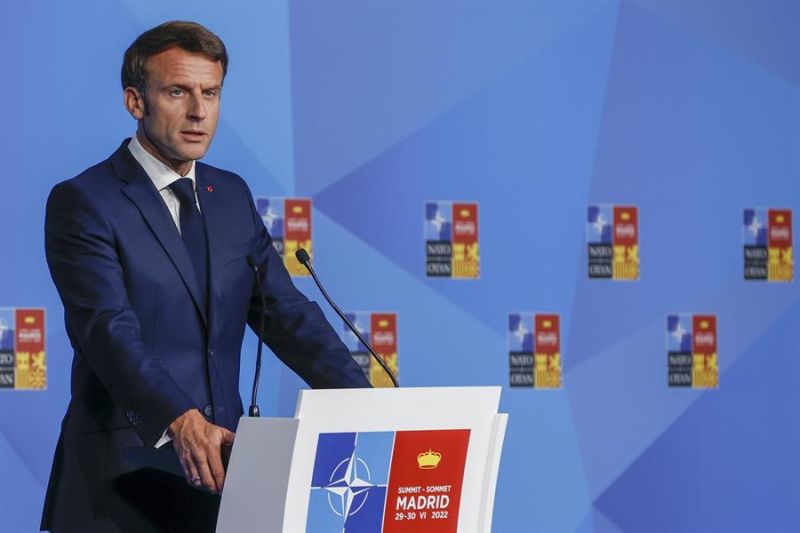 El presidente francés, Emmanuel Macron durante la rueda de prensa ofrecida en la segunda jornada de la cumbre de la OTAN. 01 300622