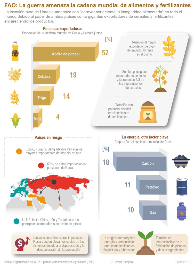 FAO: La guerra amenaza la cadena mundial de alimentos y fertilizantes