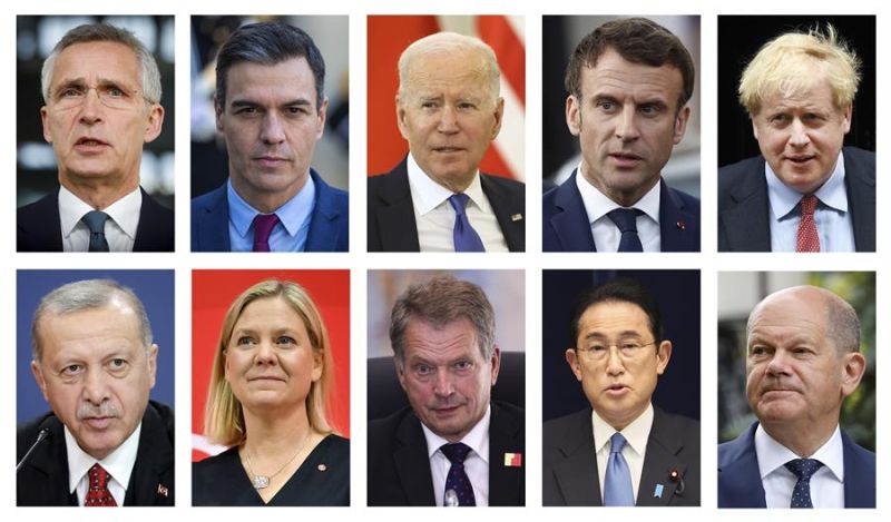 Arriba I-D, OTAN, Jens Stoltenberg ; ESP, Pedro Sánchez; EE.UU, Joe Biden; FRA, Emmanuel Macron; RU, Boris Johnson; Abajo I-D, TUR, Recep Tayyip Erdogan; SUE, Magadalena Andersson; FIN, Sauli Ninisto; JAP, Fumio Kishida; y ALE, Olaf Scholz. 01 280622